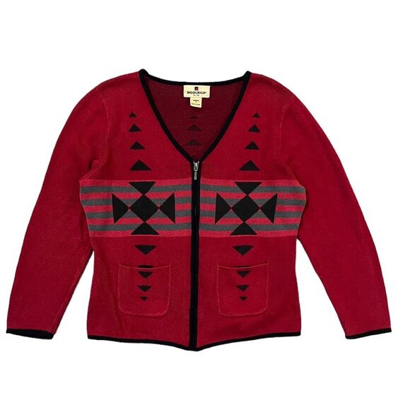 Woolrich Aztec Print Zip Up Cardigan Cotton Blend Ruby Red Small - Picture 1 of 8